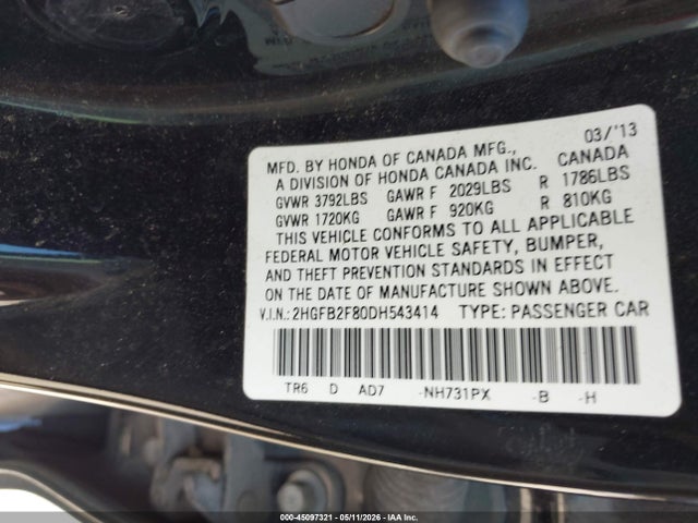 Продаж на аукціоні авто 2013 Honda Civic Ex, vin: 2HGFB2F80DH543414, номер лоту: 45097321