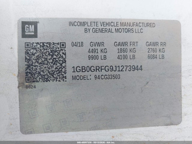 45097335 :رقم المزاد ، 1GB0GRFG9J1273944 vin ، 2018 Chevrolet Express Cutaway Work Van مزاد بيع