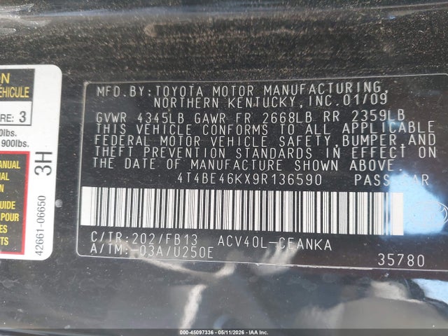 2009 Toyota Camry Le მანქანა იყიდება აუქციონზე, vin: 4T4BE46KX9R136590, აუქციონის ნომერი: 45097336