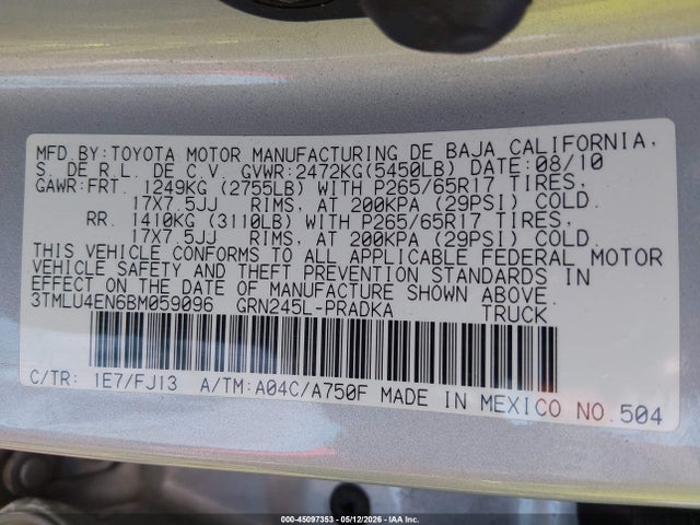 Продажа на аукционе авто 2011 Toyota Tacoma Base V6, vin: 3TMLU4EN6BM059096, номер лота: 45097353
