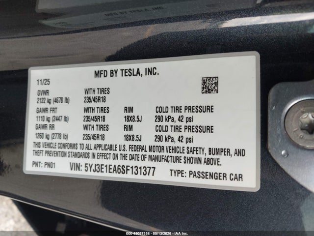 5YJ3E1EA6SF131377 Tesla Model 3 Long Range Rear-wheel Drive/standard Rear-wheel Drive