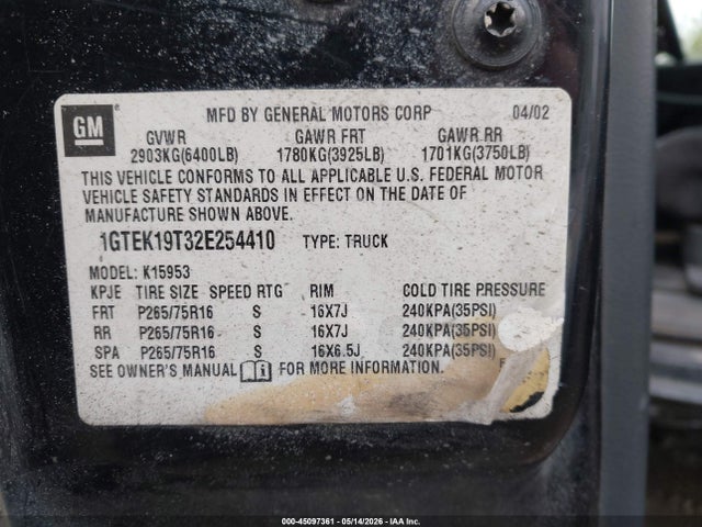 Продаж на аукціоні авто 2002 Gmc Sierra 1500 Sle, vin: 1GTEK19T32E254410, номер лоту: 45097361