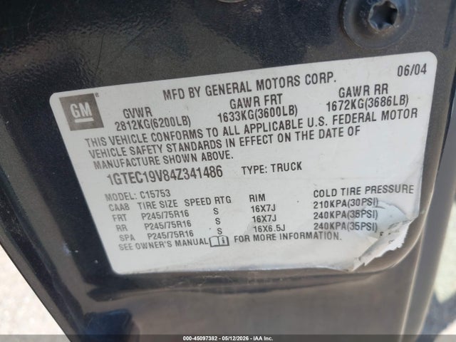 Продаж на аукціоні авто 2004 Gmc Sierra 1500 Sle, vin: 1GTEC19V84Z341486, номер лоту: 45097382