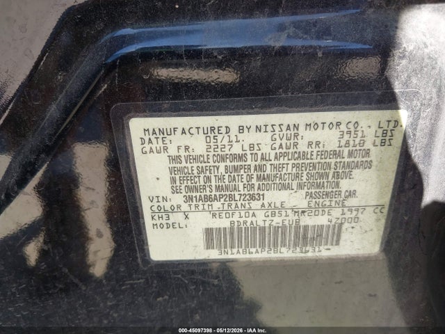 Aukcja sprzedaży 2011 Nissan Sentra 2.0sr, vin: 3N1AB6AP2BL723631, numer aukcji: 45097398