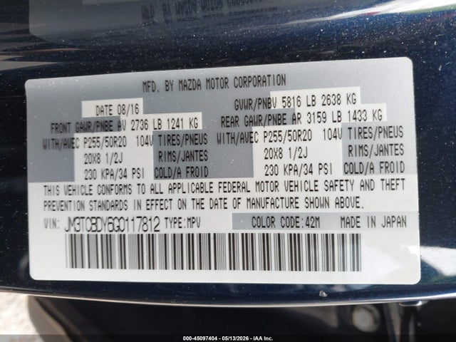 Продажа на аукционе авто 2016 Mazda Cx-9 Grand Touring, vin: JM3TCBDY6G0117812, номер лота: 45097404