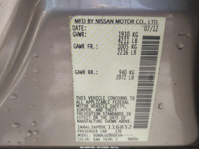 Продаж на аукціоні авто 2013 Nissan Altima 2.5 Sv, vin: 1N4AL3AP0DC116852, номер лоту: 45097405