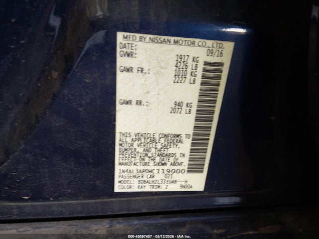 45097407 :رقم المزاد ، 1N4AL3AP0HC119000 vin ، 2017 Nissan Altima 2.5 Sr مزاد بيع