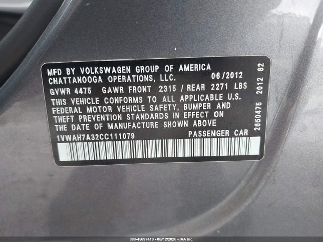 45097410 :رقم المزاد ، 1VWAH7A32CC111079 vin ، 2012 Volkswagen Passat 2.5l S مزاد بيع
