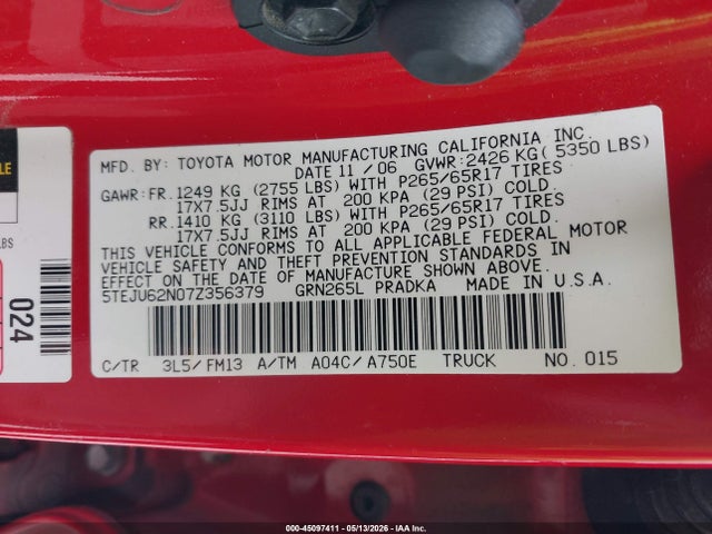 Aukcja sprzedaży 2007 Toyota Tacoma Prerunner V6, vin: 5TEJU62N07Z356379, numer aukcji: 45097411