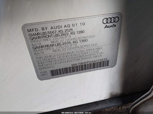 45097414 :رقم المزاد ، WA1VKAFP2AA073533 vin ، 2010 Audi Q5 3.2 Premium مزاد بيع