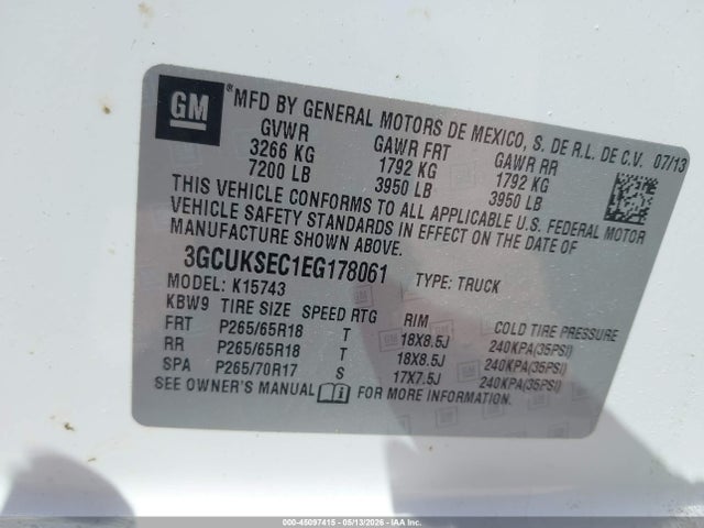 Продажа на аукционе авто 2014 Chevrolet Silverado 1500 1lz, vin: 3GCUKSEC1EG178061, номер лота: 45097415