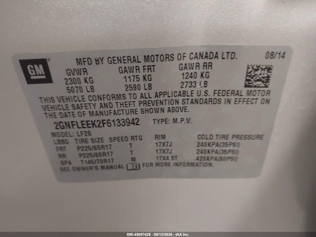 45097429 :رقم المزاد ، 2GNFLEEK2F6133942 vin ، 2015 Chevrolet Equinox Ls مزاد بيع