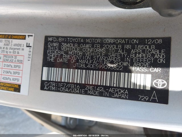 Aukcja sprzedaży 2009 Toyota Corolla Le, vin: JTDBL40E599093822, numer aukcji: 45097434