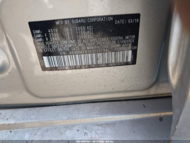 2019 Subaru Legacy 2.5i Premium მანქანა იყიდება აუქციონზე, vin: 4S3BNAF61K3029794, აუქციონის ნომერი: 45097441
