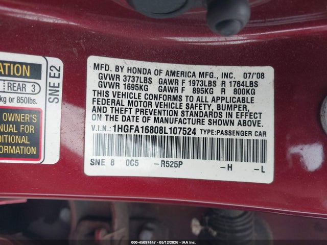 Aukcja sprzedaży 2008 Honda Civic Ex, vin: 1HGFA16808L107524, numer aukcji: 45097447