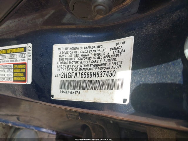 2008 Honda Civic Lx მანქანა იყიდება აუქციონზე, vin: 2HGFA16568H537450, აუქციონის ნომერი: 45097450