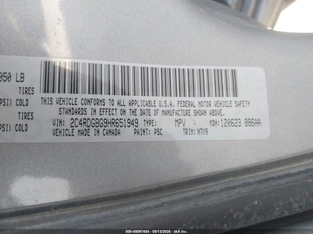 2017 Dodge Grand Caravan Se Plus მანქანა იყიდება აუქციონზე, vin: 2C4RDGBG9HR651949, აუქციონის ნომერი: 45097454