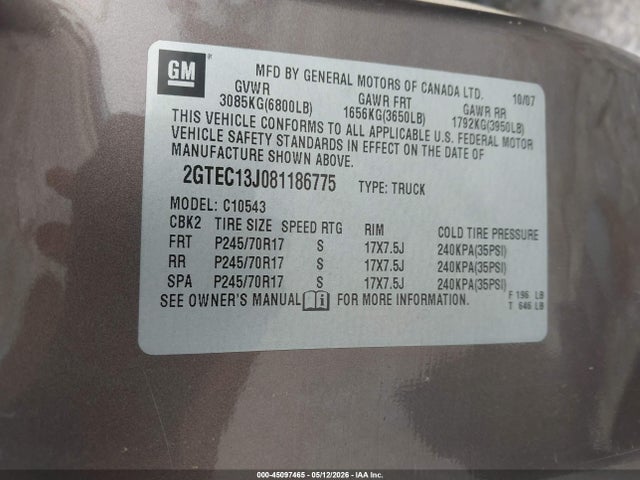 Aukcja sprzedaży 2008 Gmc Sierra 1500 Sle1, vin: 2GTEC13J081186775, numer aukcji: 45097465