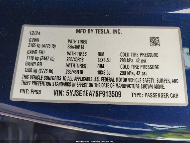 2025 Tesla Model 3 Long Range Rear-wheel Drive/standard Rear-wheel Drive მანქანა იყიდება აუქციონზე, vin: 5YJ3E1EA7SF913509, აუქციონის ნომერი: 45097471