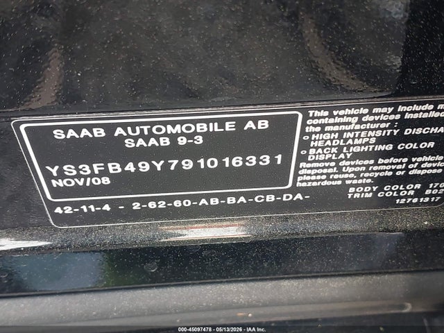 Продаж на аукціоні авто 2009 Saab 9-3 2.0t, vin: YS3FB49Y791016331, номер лоту: 45097478