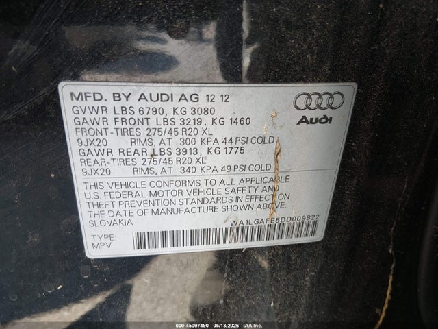 Продаж на аукціоні авто 2013 Audi Q7 3.0t Premium, vin: WA1LGAFE5DD009822, номер лоту: 45097490
