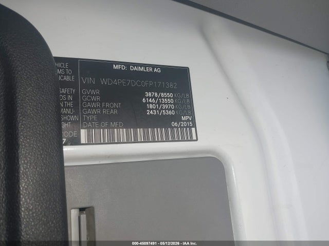 45097491 :رقم المزاد ، WD4PE7DC0FP171382 vin ، 2015 Mercedes-benz Sprinter 2500 Normal Roof مزاد بيع