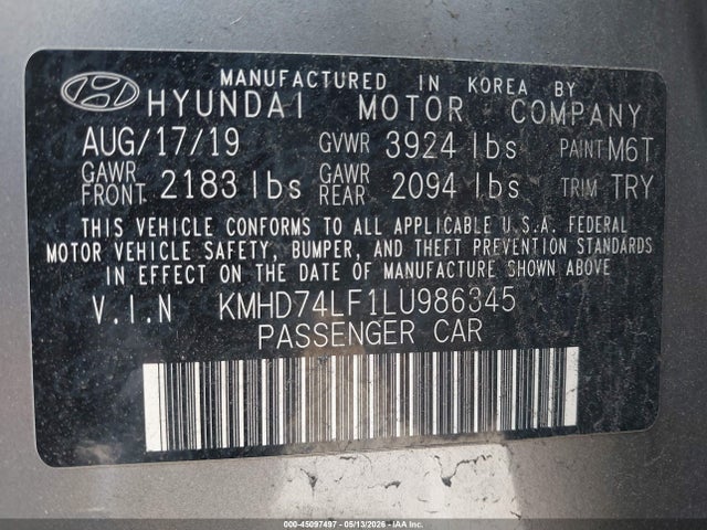 Aukcja sprzedaży 2020 Hyundai Elantra Se, vin: KMHD74LF1LU986345, numer aukcji: 45097497