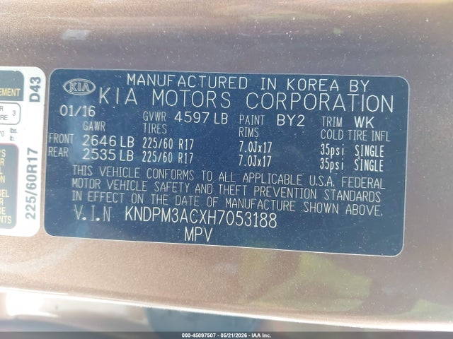 Продаж на аукціоні авто 2017 Kia Sportage Lx, vin: KNDPM3ACXH7053188, номер лоту: 45097507