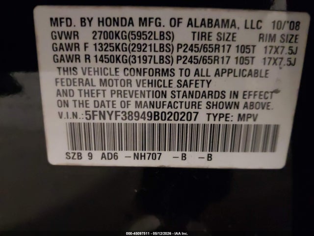 Продаж на аукціоні авто 2009 Honda Pilot Touring, vin: 5FNYF38949B020207, номер лоту: 45097511