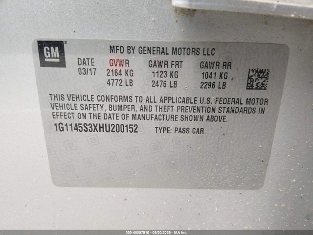 2017 Chevrolet Impala 2lz მანქანა იყიდება აუქციონზე, vin: 1G1145S3XHU200152, აუქციონის ნომერი: 45097510