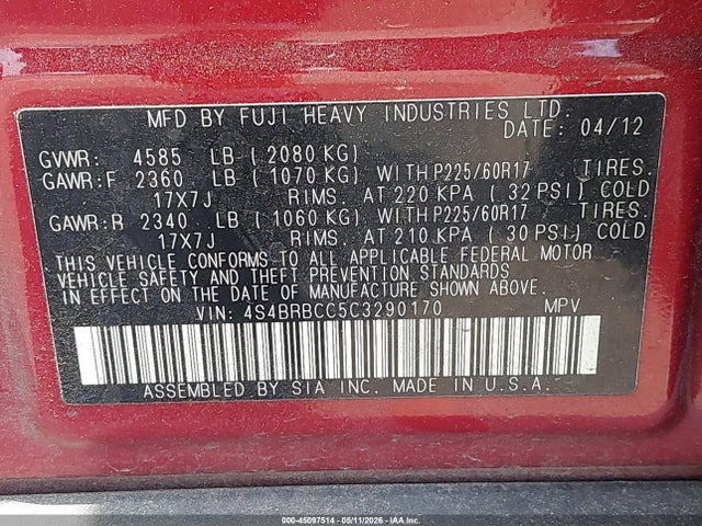Aukcja sprzedaży 2012 Subaru Outback 2.5i Premium, vin: 4S4BRBCC5C3290170, numer aukcji: 45097514
