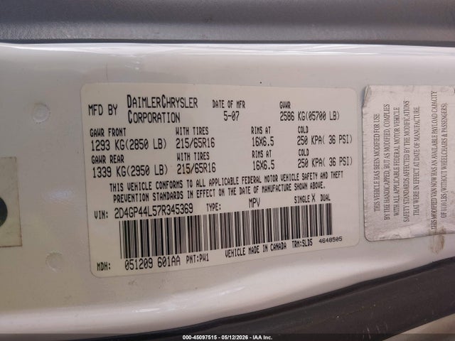 Продажа на аукционе авто 2007 Dodge Grand Caravan Sxt, vin: 2D4GP44L57R345369, номер лота: 45097515