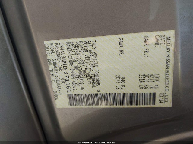 45097523 :رقم المزاد ، 1N4AL3AP1EN371161 vin ، 2014 Nissan Altima 2.5 S مزاد بيع