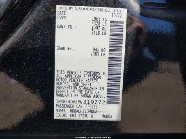 Продажа на аукционе авто 2023 Nissan Altima Sv Fwd, vin: 1N4BL4DV2PN319772, номер лота: 45097532