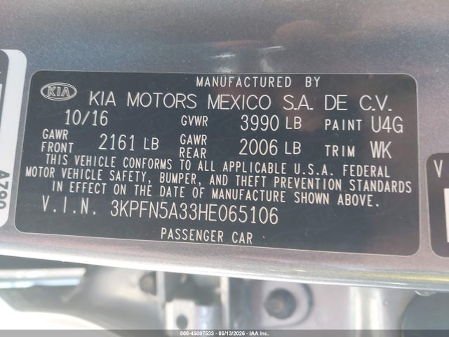 45097533 :رقم المزاد ، 3KPFN5A33HE065106 vin ، 2017 Kia Forte Sx مزاد بيع