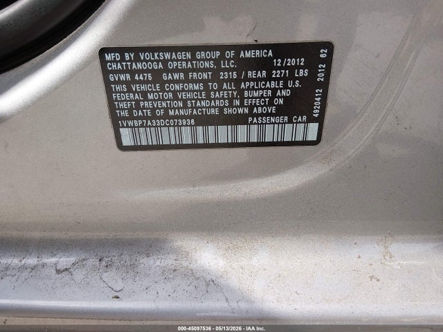 Продаж на аукціоні авто 2013 Volkswagen Passat 2.5l Se, vin: 1VWBP7A33DC073936, номер лоту: 45097536