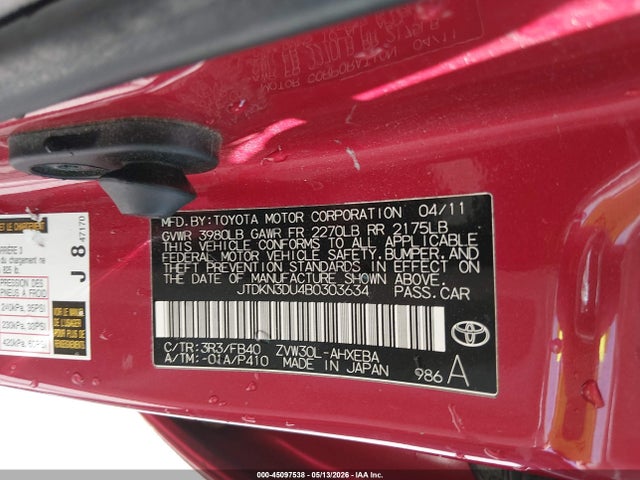 Aukcja sprzedaży 2011 Toyota Prius Three, vin: JTDKN3DU4B0303634, numer aukcji: 45097538