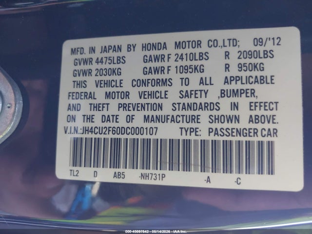Продаж на аукціоні авто 2013 Acura Tsx 2.4, vin: JH4CU2F60DC000107, номер лоту: 45097542