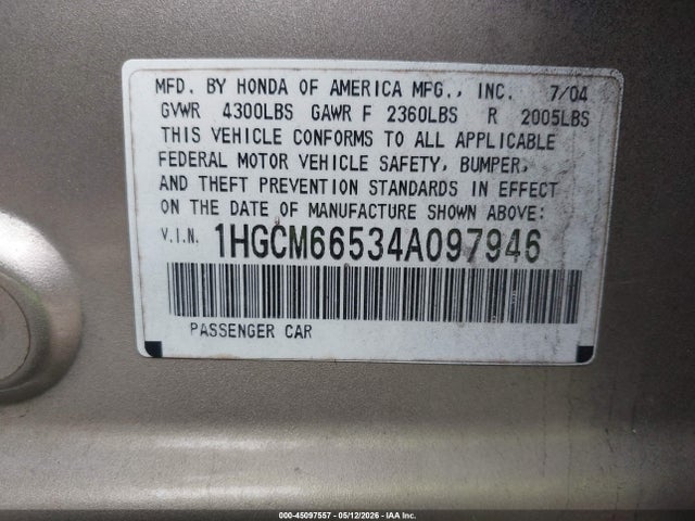 2004 Honda Accord 3.0 Ex მანქანა იყიდება აუქციონზე, vin: 1HGCM66534A097946, აუქციონის ნომერი: 45097557