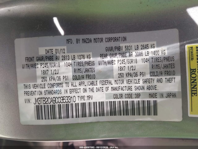 Aukcja sprzedaży 2012 Mazda Cx-9 Touring, vin: JM3TB2CA9C0353310, numer aukcji: 45097593