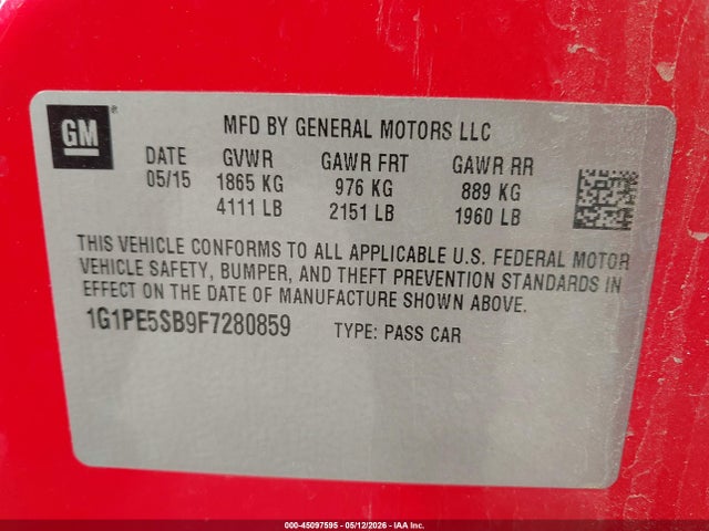 1G1PE5SB9F7280859 Chevrolet Cruze 2lt Auto