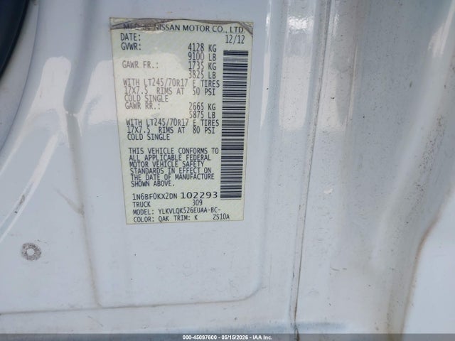 Aukcja sprzedaży 2013 Nissan Nv Cargo Nv2500 Hd S V6, vin: 1N6BF0KX2DN102293, numer aukcji: 45097600