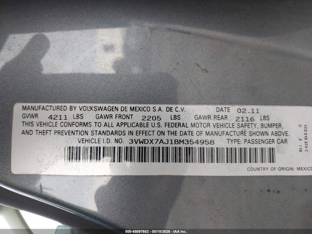 Aukcja sprzedaży 2011 Volkswagen Jetta 2.5l Se, vin: 3VWDX7AJ1BM354958, numer aukcji: 45097602