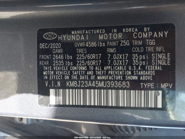 2021 Hyundai Tucson Se მანქანა იყიდება აუქციონზე, vin: KM8J23A45MU393683, აუქციონის ნომერი: 45097606
