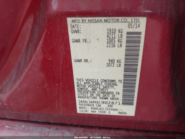 Aukcja sprzedaży 2014 Nissan Altima 2.5 S, vin: 1N4AL3APXEC902871, numer aukcji: 45097607