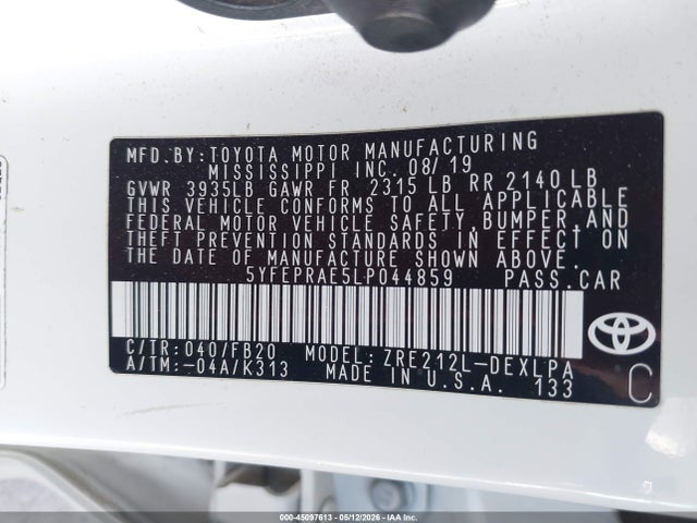Aukcja sprzedaży 2020 Toyota Corolla Le, vin: 5YFEPRAE5LP044859, numer aukcji: 45097613