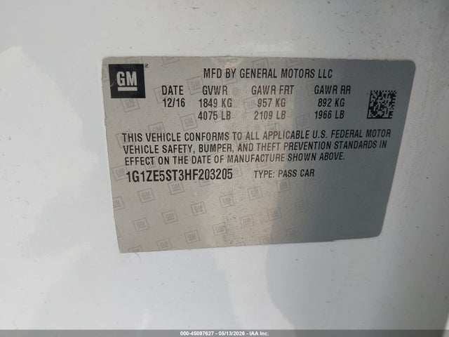 45097627 :رقم المزاد ، 1G1ZE5ST3HF203205 vin ، 2017 Chevrolet Malibu 1lt مزاد بيع