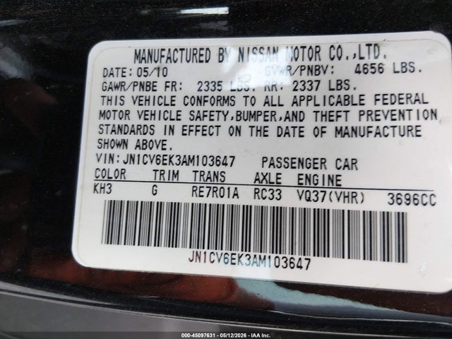 Aukcja sprzedaży 2010 Infiniti G37, vin: JN1CV6EK3AM103647, numer aukcji: 45097631