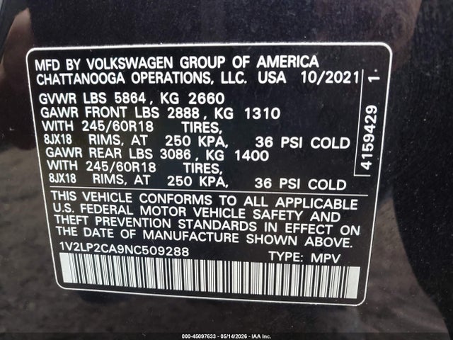 Aukcja sprzedaży 2022 Volkswagen Atlas 2.0t Se, vin: 1V2LP2CA9NC509288, numer aukcji: 45097633