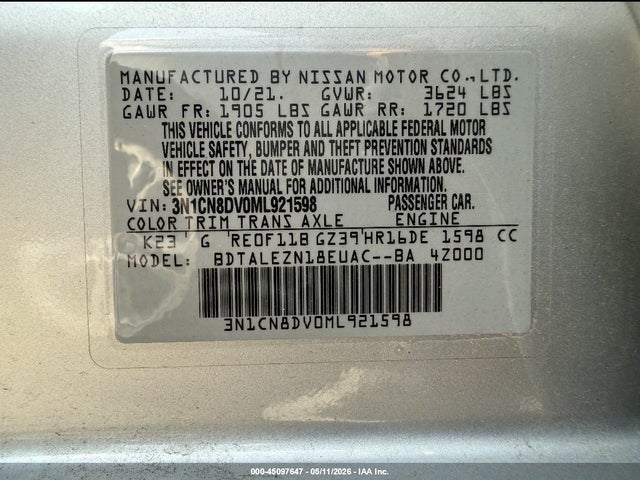 2021 Nissan Versa S Xtronic Cvt მანქანა იყიდება აუქციონზე, vin: 3N1CN8DV0ML921598, აუქციონის ნომერი: 45097647